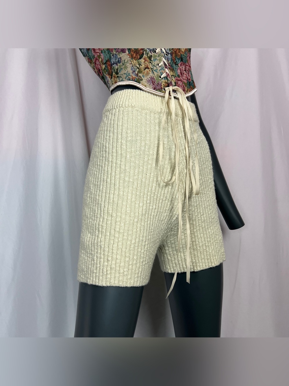 Simple Cream Ribbed Knit High Waisted Shorts